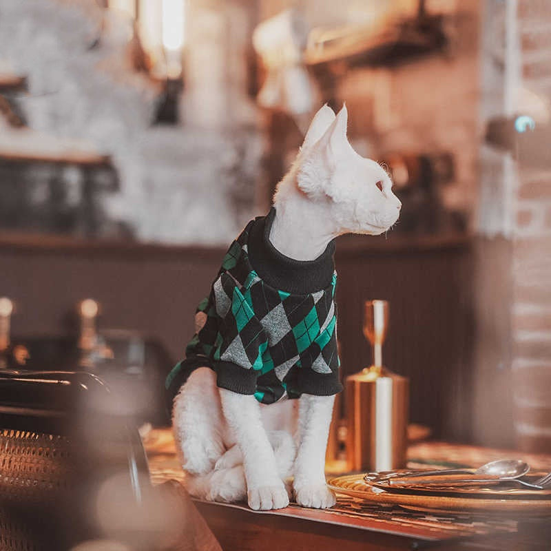 Plaid Cotton Long-Sleeve Sweater for Hairless Cats